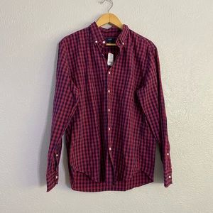 NWT J crew red navy plaid button down L